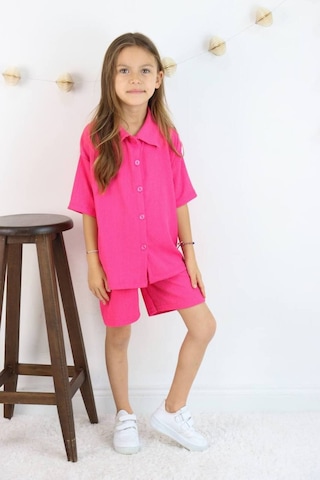 Gömlek Oversize Kız Şort Takım Canlı Fuşya