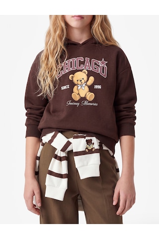 Koton Ayıcık Baskılı Şardonluuzun Kollu Kapşonlu Sweatshirt Kahverengi 7wkg10369ak Kahve