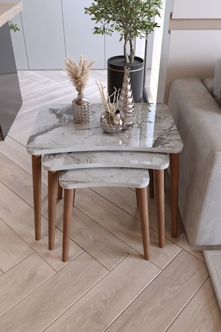 Zuesse Dizayn Reyhan 3lü Zigon Sehpa & Yan Sehpa Ahşap Ayaklı Salon Seti Çay Sehpası - Beyaz Mermer
