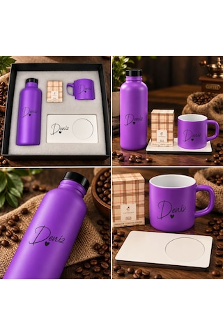 Bk Gift Kişiye Özel İsimli Mor Cam Suluk & Kahve Fincanı & Türk Kahvesi & Mdf Altlıklı - Hediye Kutulu Mor Set-5