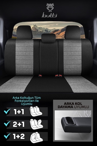 Siyah - Gri Butti Lino Serisi Keten Kumaş Premium Oto Koltuk Kılıfı Ortopedik Destekli, Ön Arka Tam Set