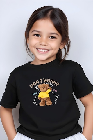 Panios Kids Worry Bear Baskılı Kız Çocuk Kısa Kollu T-shirt Siyah