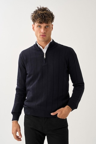 Dikey Dokuma Desenli Fermuarlı Triko Kazak Lacivert