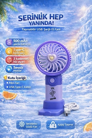 Fit Mor Mini Taşınabilir Sessiz El Fanı 3 Hız Ayarlı Mini El Pervanesi Soğutucu-vantilatör