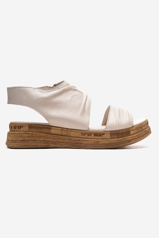 Luvishoes Lunas Krem Hakiki Deri Yandan Fermuarlı Kadın Sandalet Krem