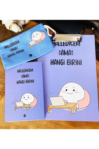 Halledicem Ama Hangi Birini Tasarımlı Sekreterlik Defter Ve Kalemlik Kırtasiye Seti Mavi