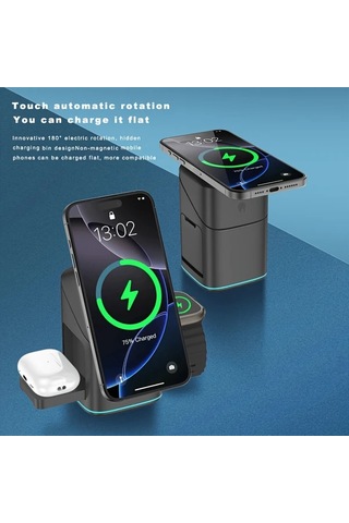 Topshop1 Siyah Manyetik 3ü 1 Arada Kablosuz Sarj Standı Otomatik Dönebilen Hızlı Sarj Istasyonu  Watch Ve Telefonlar İçin