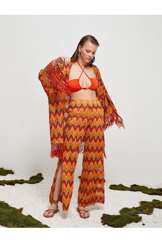 Koton Şahika Ercümen X Koton - Oversize Kroşe Püsküllü Hırka Turuncu Desenli 3sak30083ek 3SAK30083EK2D1 Turuncu