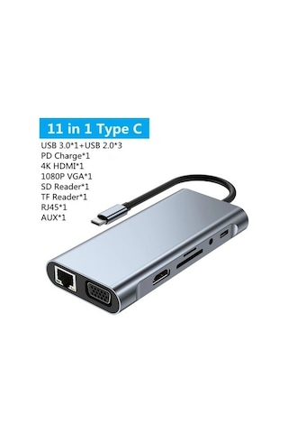 Comse Apple Uyumlu MacBook Type C Hub Pd Şarj Hdmı Sd Network Vga 11 Girişli