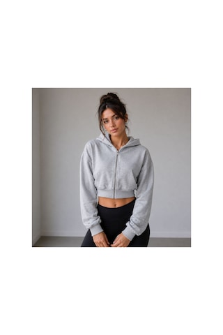 Herkesemoda Kadın Grimelanj Fermaurlı Kapüşonlon 2 İplik Şardonlu Crop Sweatshirt Gri