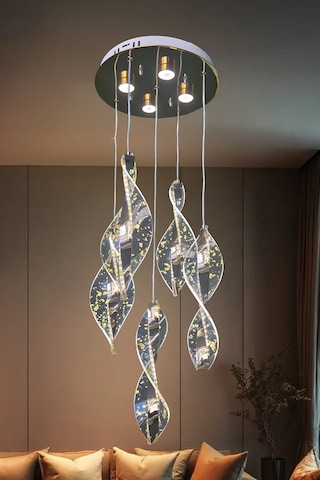 Fuzon 3 Renk Kumandalı Gold Kaplama Sarkıt Modern Led Avize 5'li Yaprak Gold Kasa