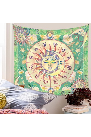 Singree Yeşil Güneş Ve Ay Desenli Poliester Dekoratif Duvar Örtüsü - 73x95 Cm Ev Dekorasyonu Tapestri