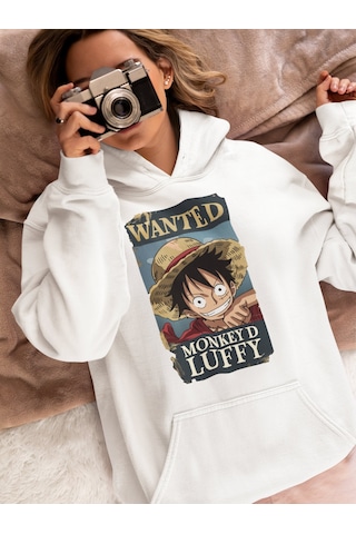 Sevbano Wanted Monkey D. Luffy Baskılı Unisex Oversize One Piece Anime Ho beyaz