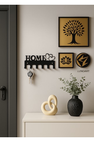 Lunoart Home Yazılı Kalpli Metal Anahtarlık Askısı Duvar Tipi Anahtar Organizer Siyah