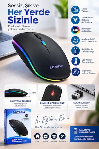 Ofis Ev Okul Kullanımına Uygun Şarjlı Kablosuz Mouse Standart