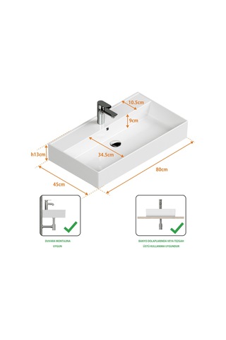 Aqua Bagno Plan Tezgah Üstü Kare Lavabo Beyaz 80 x 45 CM