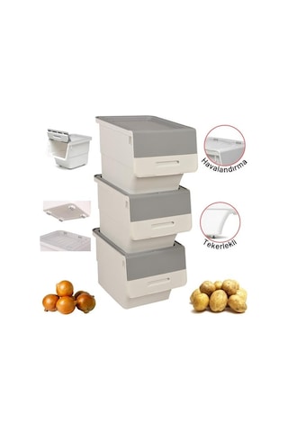 Motek Tekerlekli Patateslik Soğanlık Oyuncak Kutusu Patateslik Soğanlık Sepeti 3x12lt Beyaz+gri