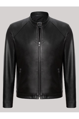 Hakiki Kuzu Derisi Siyah Erkek Deri Mont Kolları Fermuarlı Deri Ceket Siyah
