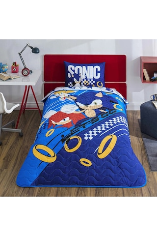 Taç Lisanslı Sonic Mavi Pamuklu Çocuk Yatak Örtüsü Seti 160x230