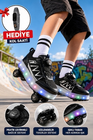 Muggo Skate Çocuk Işıklı Patenli Tekerlekli Sneaker Spor Ayakkabı Siyah
