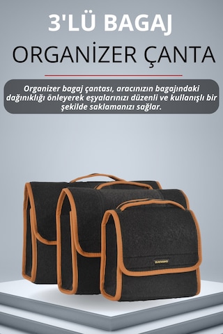 3'lü Cırtlı Keçe Kumaş Oto Bagaj Çantası Geniş Hacimli,dayanıklı,araç İçi Düzenleyici Kahverengi