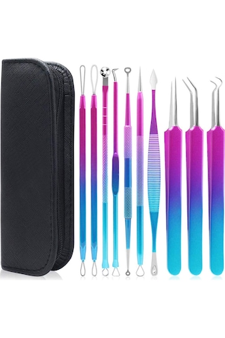 Hangfox 10'lu Paslanmaz Çelik Akne Ve Siyah Nokta Kaldırma Aracı Seti, Mavi-mor Renkli, Siyah Depolama Çantasıyla