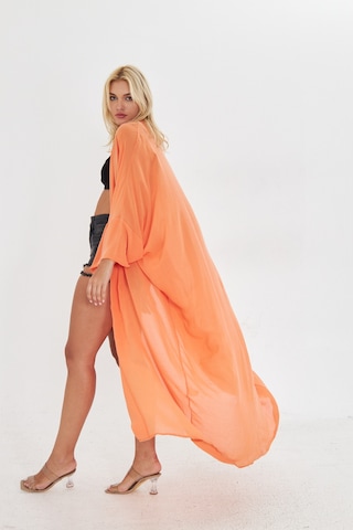Kutaf Turuncu Uzun Yumusak Ipek Karısımlı Kimono / Beachwear Turuncu