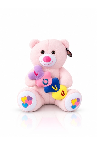 Renkli Kalpli Ayıcık Peluş Oyuncak Ayıcık 60cm - Hediyelik Peluş Oyuncak 046 - Pembe