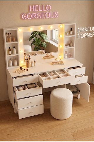Robin Home Hollywood Makyaj Masası Takımı 7 Çekmece Kapaklı Düzenleyici Hollywood Led Işıklı Ve Puflu Beyaz