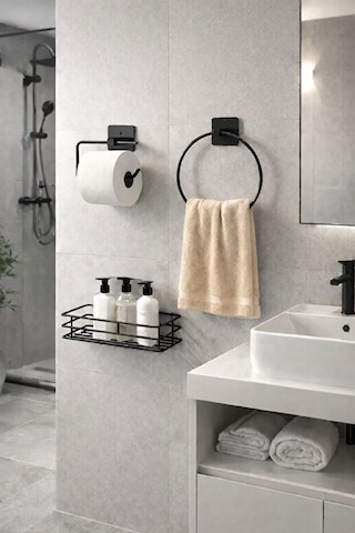 Karteya 3'lü Set Yapışkanlı Banyo Düzenleyici Duşakabin Şampuanlık Banyo Rafı Wc Kağıtlık Ve Havluluk Siyah