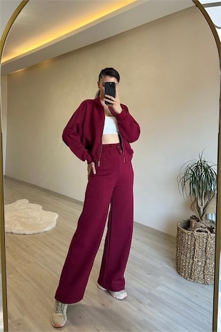 Neşeli Butik Kadın Fermuarlı Oversize Sweat Ve Yüksek Bel Eşofman Takımı Nm018 Bordo