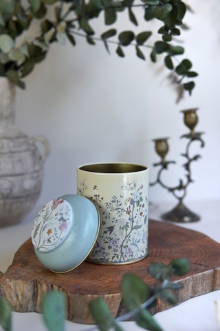 Flora Yellow Desenli Yuvarlak Metal Saklama Kabı, 9 X 11 Cm, 0,6 Lt Desenli