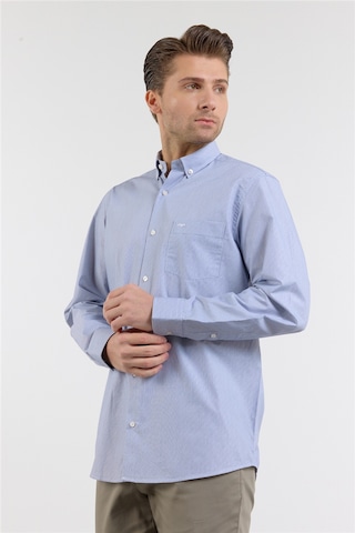 İmza Beyaz - Lacivert Düğmeli Yaka Uzun Kol Cepli Comfort Fit Pamuk Gömlek 1004260172 2XL