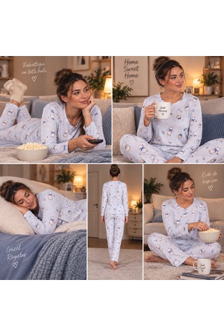 Pijama Denizi Pijama Partisi Kadın Mavi Uzun Kollu Desenli Pijama Takımı Sevimli Ayıcıklı Desenli Ev Giyim Seti Açık Mavi