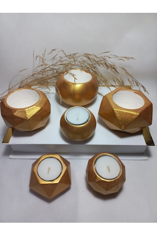 Antiquity Gold Ev Ve Ofis Aksesuarı Sukulent/kaktüs Saksı, Mumluk Set Dekoratif Obje 6 Parça Gold