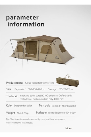 Naturehike Glamping Cloud Vessel 4 Kişilik Hızlı Kurulum Tünel Çadır Kahverengi