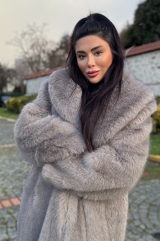 Açelyaokcu Premium Şal Yaka Mob Wife Suni Kürk Maxi Kadın Kaban Gri