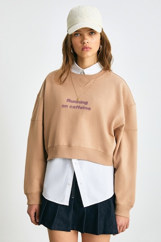 Grımelange DANBİ Kadın Crop Örme Kumaş Yuvarlak Yaka Uzun Kol Kahverengi Sweatshirt