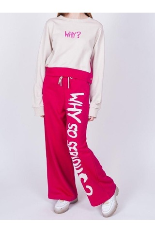 Kız Çocuk Why Yazılı Yanlardan Çıt Çıtlı Bol Paça Eşofman Takım-13538 Fuşya