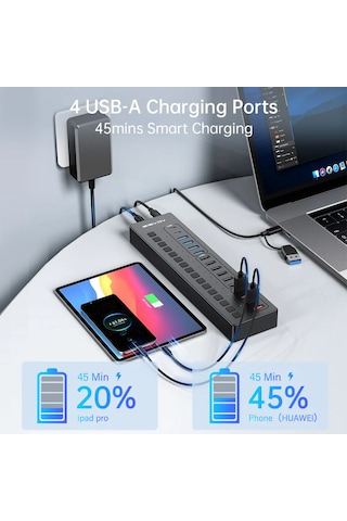 Acasis Ds516pb - 16 Port 5gbps Usb-a 3.0, Usb 2.0, Type-c 3.0, Akıllı Şarj Portu, Alüminyum Kasa, 60w Güç Adaptörlü, Led Işıklı, Usb / Type-c Çoklayıcı , Akıllı Şarj Hub Ds-516pb