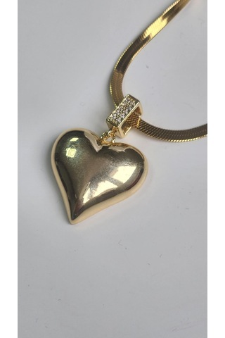 Çelik Kolye İtalyan Zincirli Kalpli Kolye Sarı
