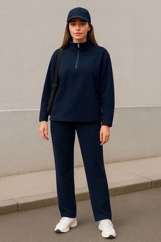 Defymoda Kadın Balıkçı Yaka Fermuar Detay Polar Sweat Ve Pantolon Ikili Takım Lacivert