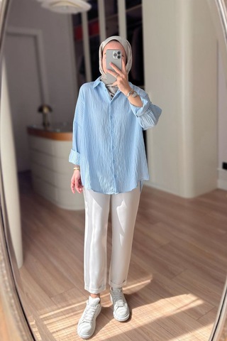 Kahijab Nakışlı Pul Detay Oversize Gömlek - Mavi