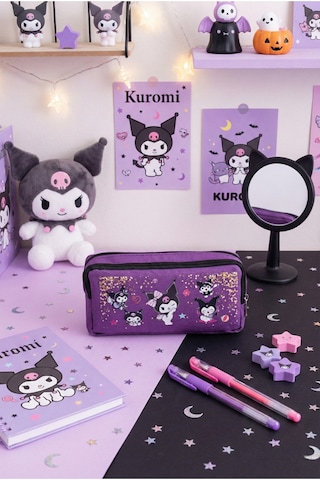 Çift Bölmeli Geniş Hacimli Mor Kuromi Tarzı Sevimli Figür Baskılı Okul Kalemliği Çift Fermuar Kalem Mor
