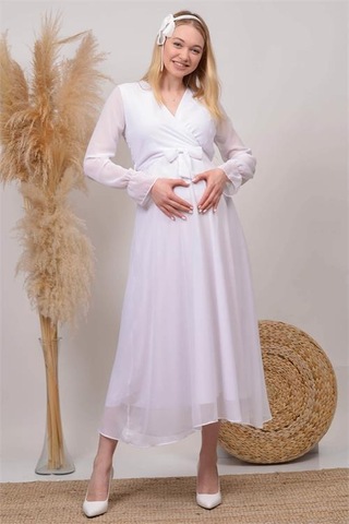Kadın Beyaz Baby Shower Şifon Hamile Elbise Dphml003 BEYAZ