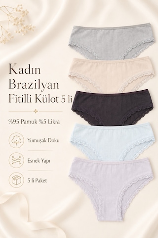 Nicoletta Kadın Külot Brazilyan 5 Li Paket Likralı Fitilli Kaşkorse P 91030 Çok Renkli