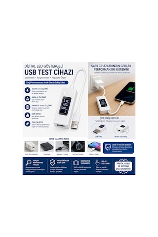 Dijital Led Göstergeli Usb Voltmetre Ampermetre Test Cihazı - Akım Ve Voltaj Ölçer