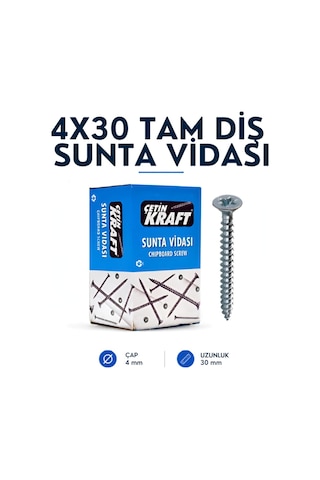 Çetin Kraft Dın 7505a Yhb Sivri Uçlu Tam Diş Sunta Vidası 4x30 500 Adetli Kutu 4 x 30