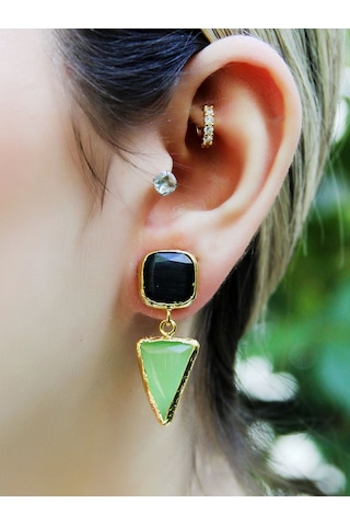 Kare Üçgen Modelli Kedigözü Cam Gold Kaplamalı Kadın Küpe Euku24sy Yeşil