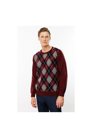 Desen Triko Erkek Sıfır Yaka Önü Baklava Desenli Kazak 24511 Bordo Bordo